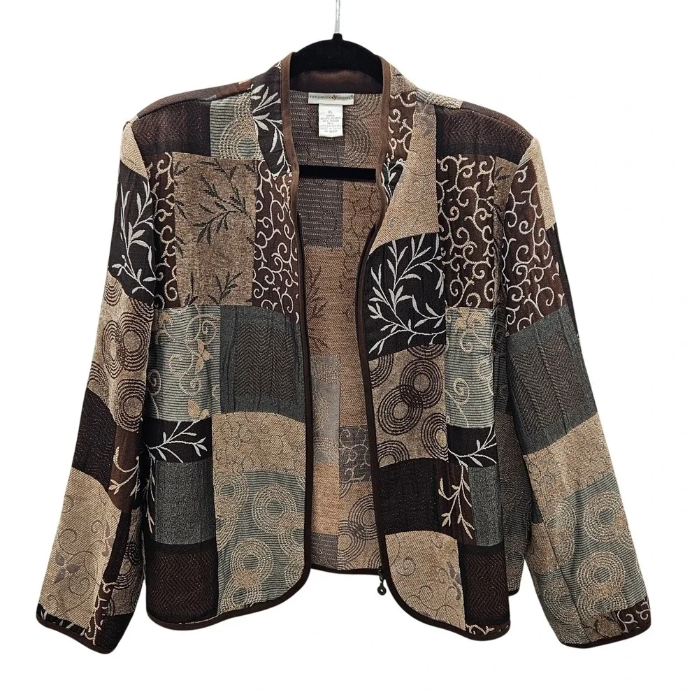 Preswick & Moore Womens XL Tapestry Patchwork‎ Zip Jacket Brown Tan Boho Floral